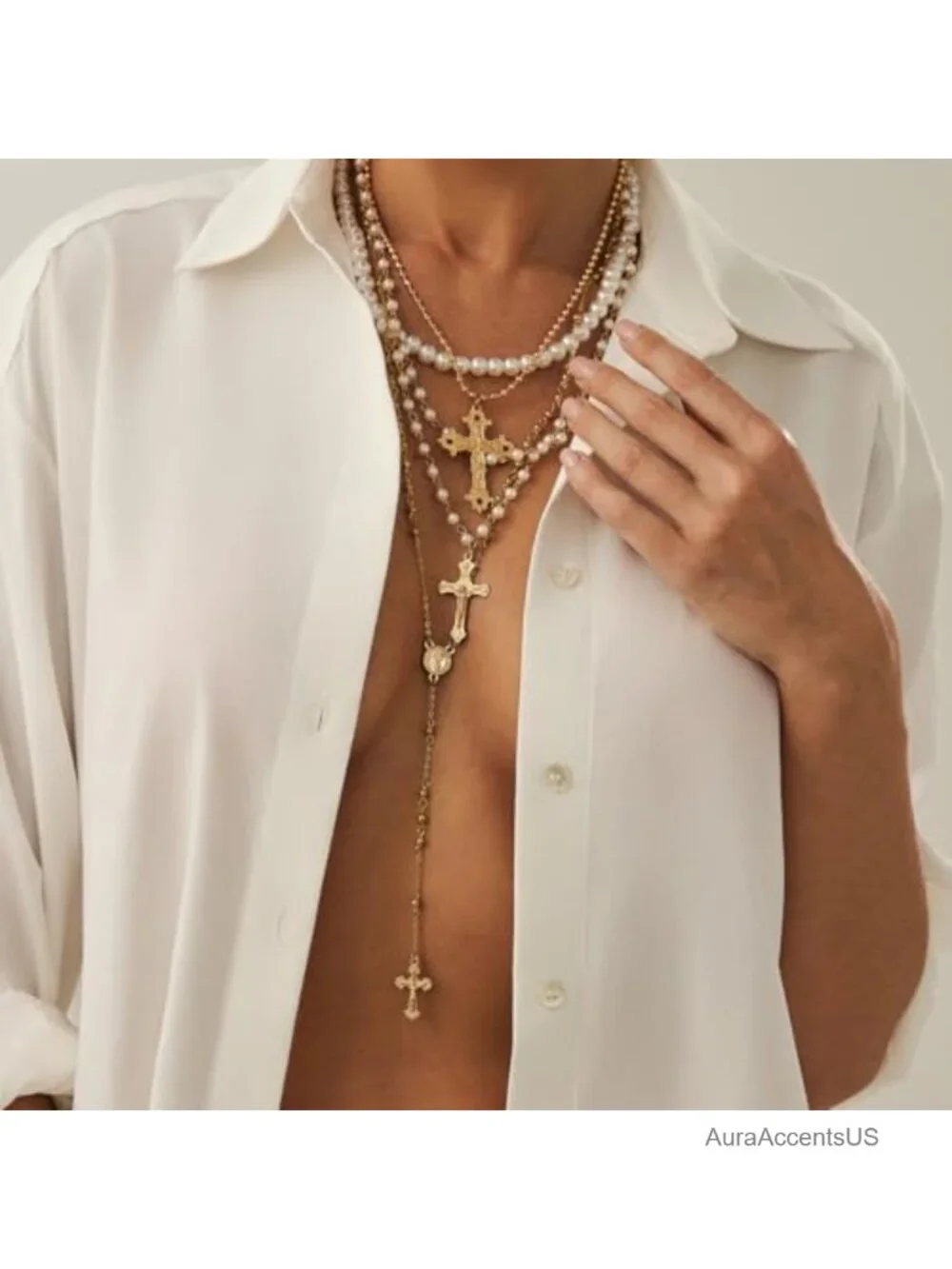 4 Piece Layered Cross Necklace Set - Silver Tone Chunky Religious Statement